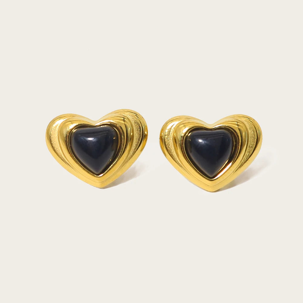 Ziora Black Stone Heart Stainless Steel Stud Earrings