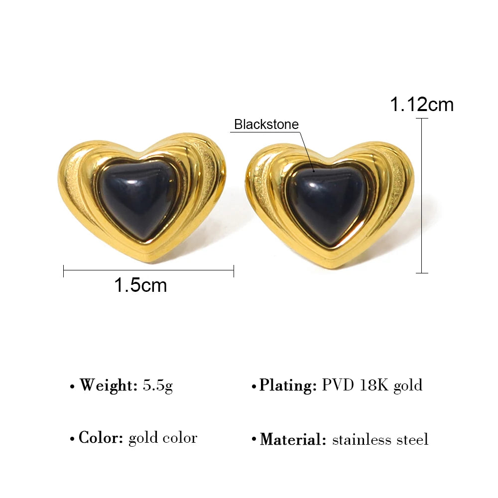 Ziora Black Stone Heart Stainless Steel Stud Earrings