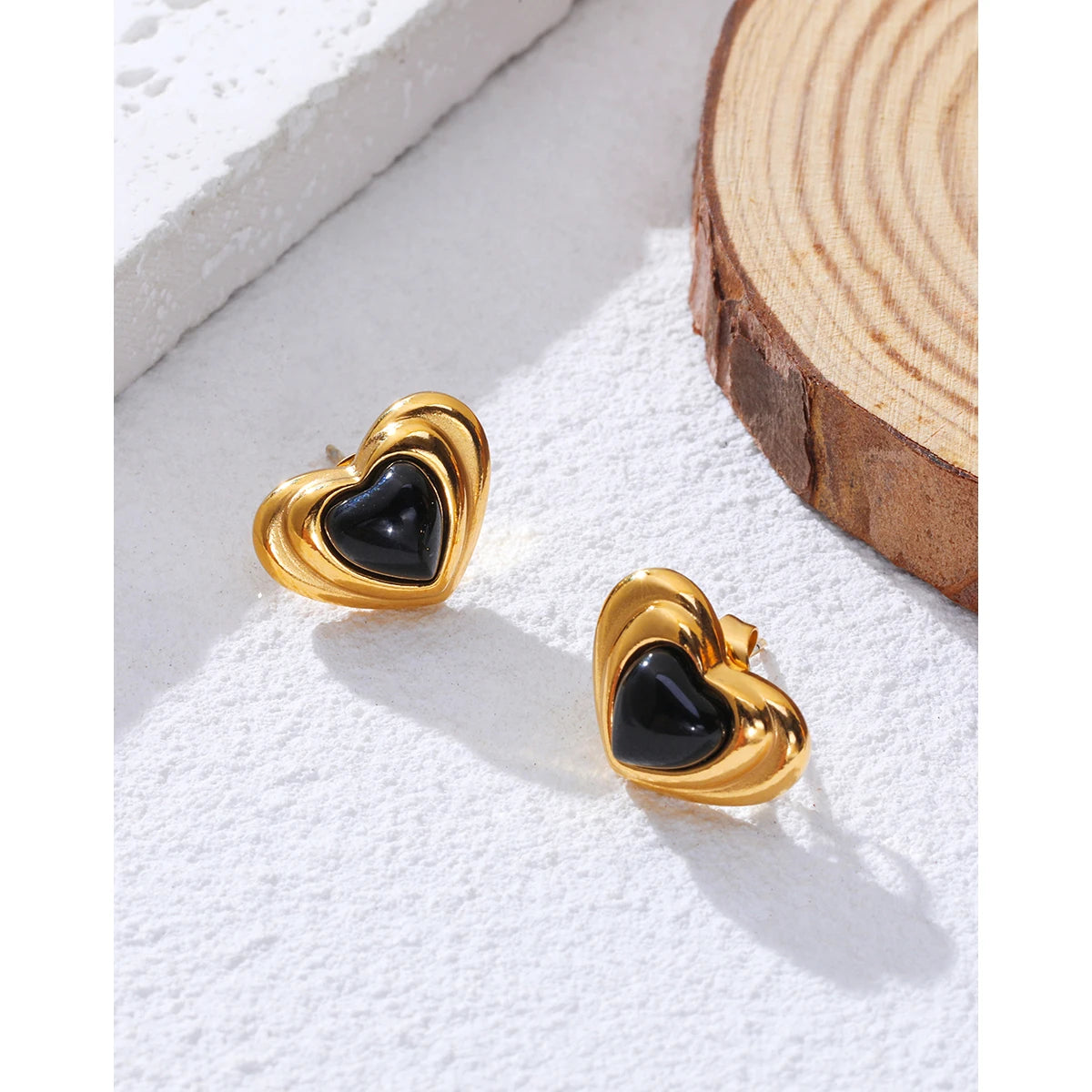 Ziora Black Stone Heart Stainless Steel Stud Earrings