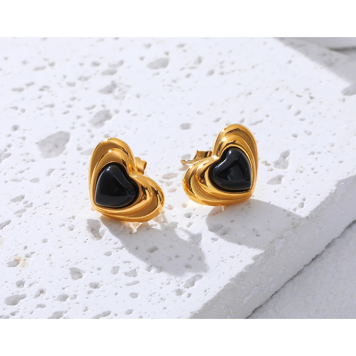 Ziora Black Stone Heart Stainless Steel Stud Earrings