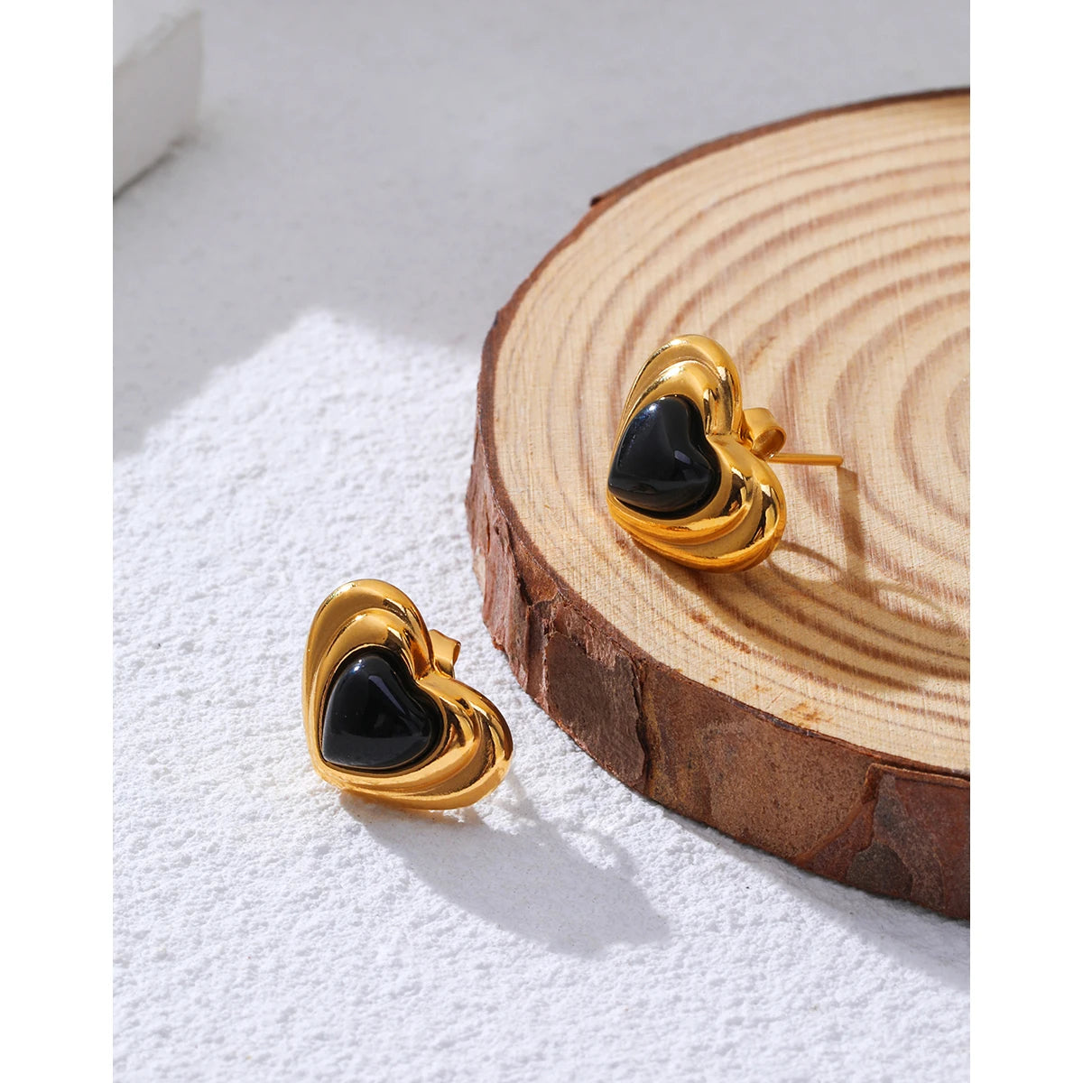 Ziora Black Stone Heart Stainless Steel Stud Earrings