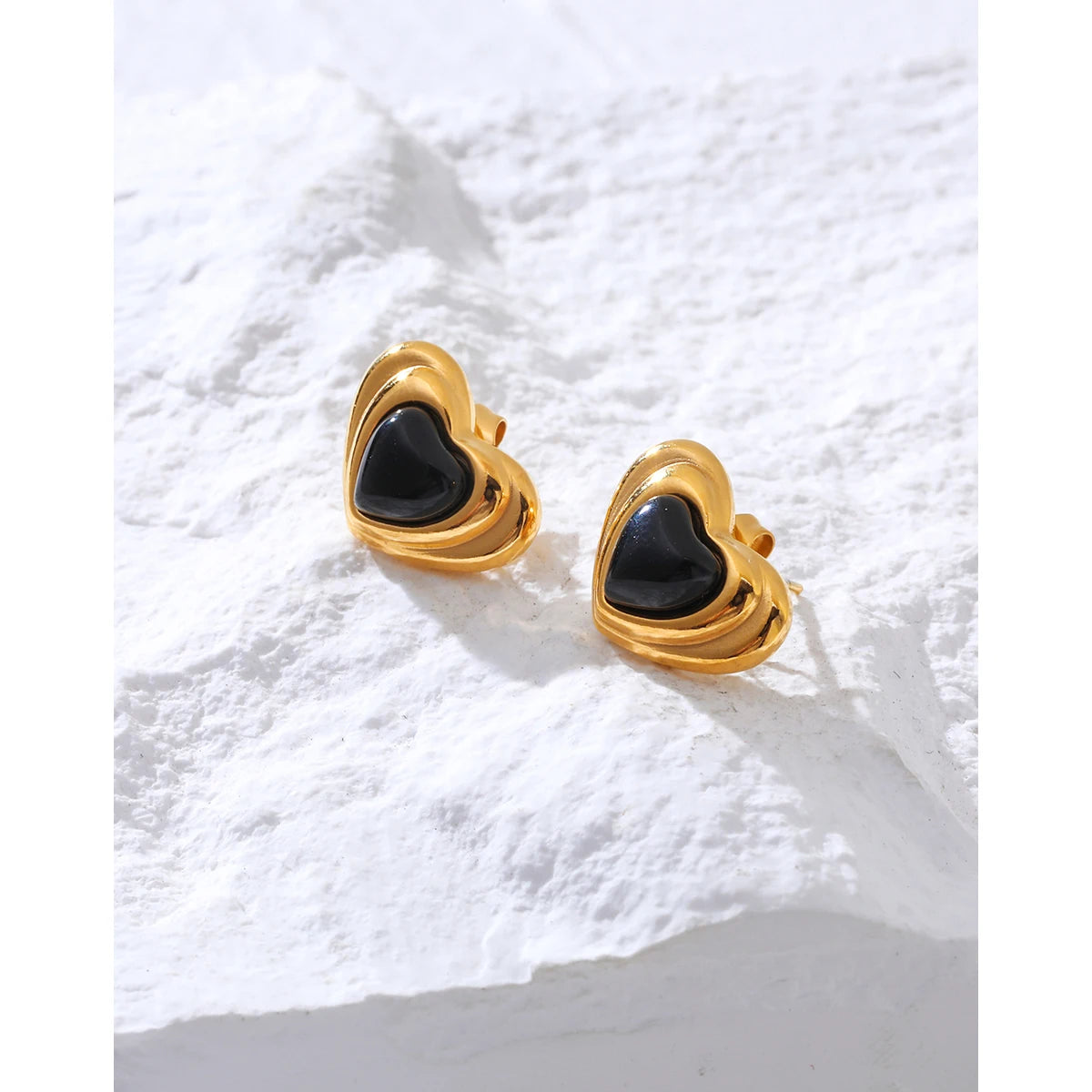 Ziora Black Stone Heart Stainless Steel Stud Earrings