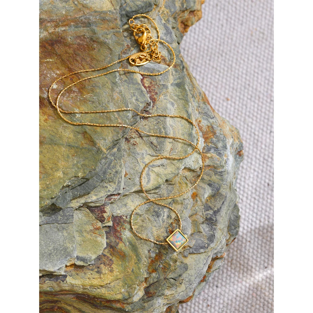 Ziora Square Natural Opal Stone Necklace