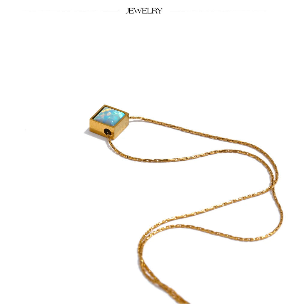 Ziora Square Natural Opal Stone Necklace