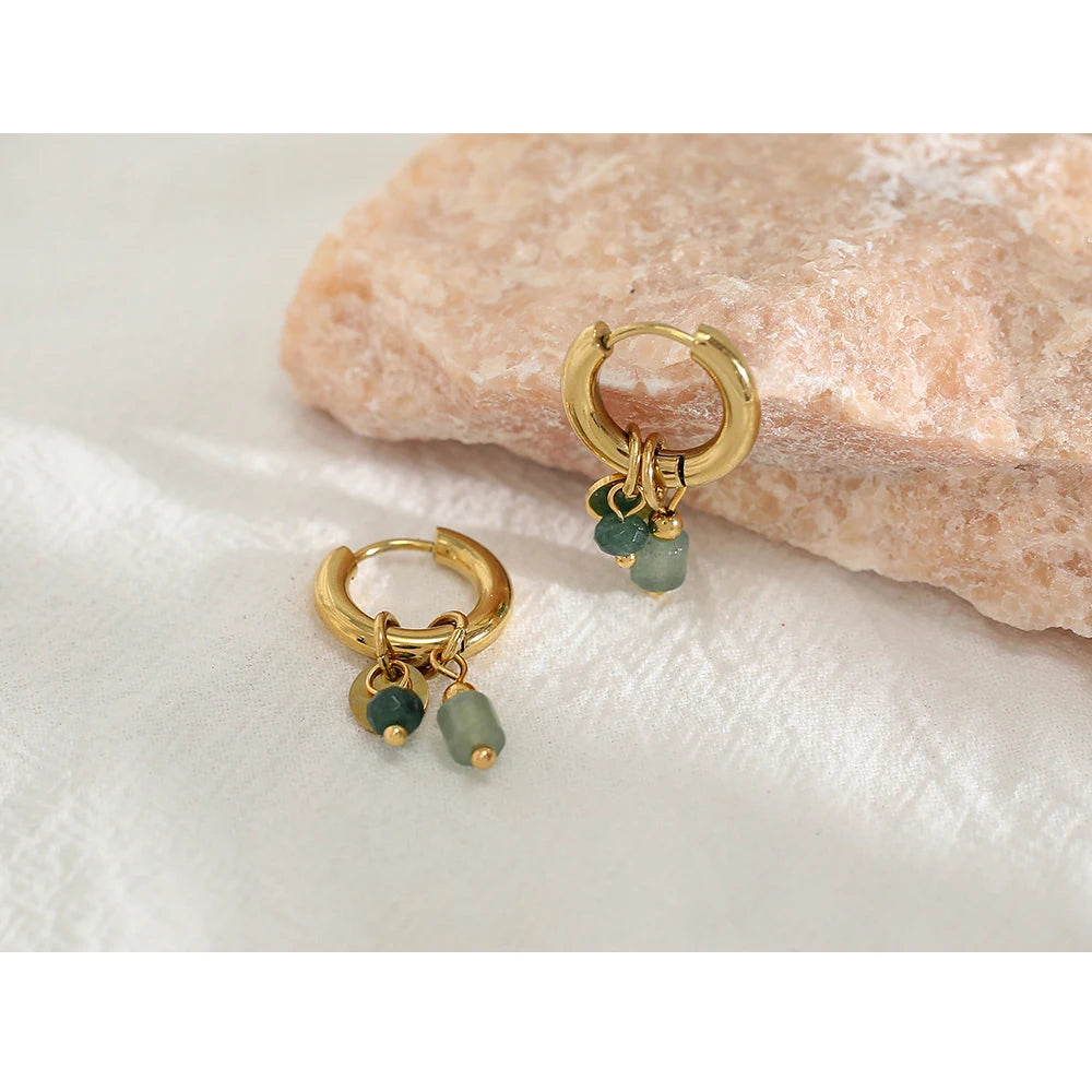 Ziora Vintage Green Natural Stone Hoop Earrings