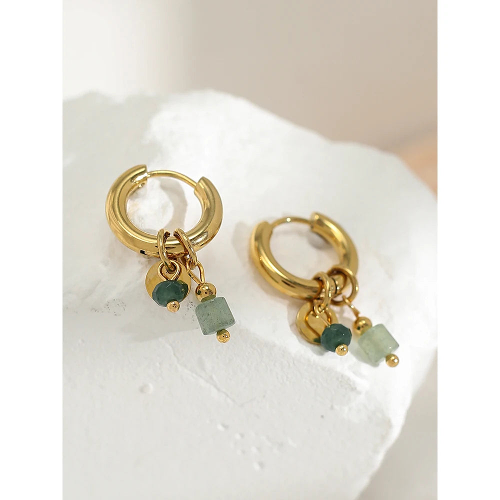 Ziora Vintage Green Natural Stone Hoop Earrings