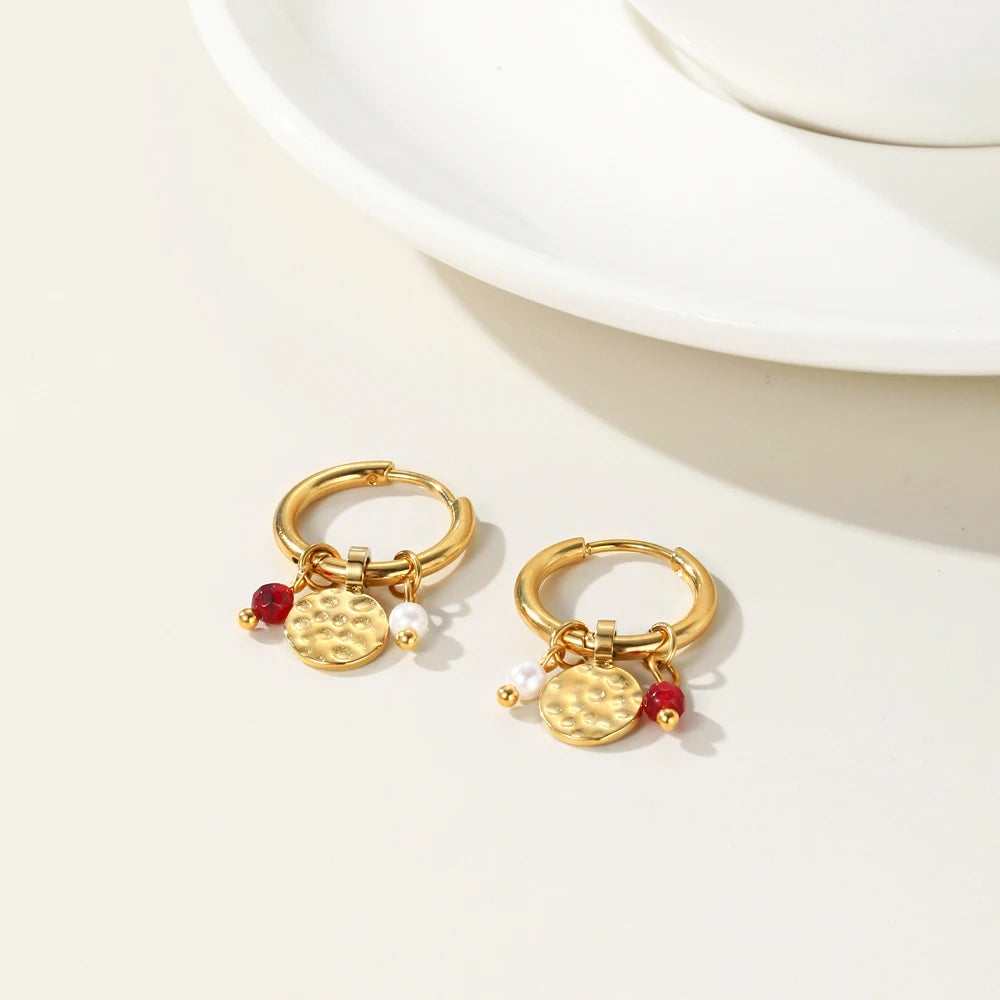 Ziora Pink Natural Stone Gold Plated Hoop Earrings