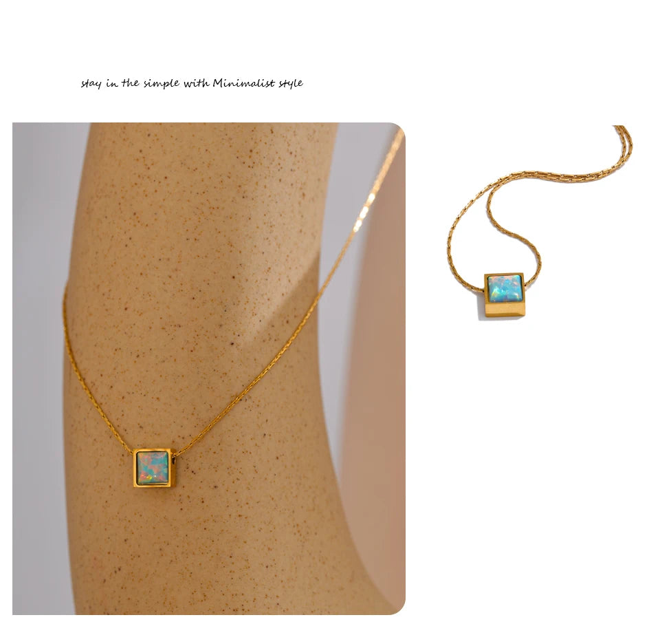Ziora Square Natural Opal Stone Necklace