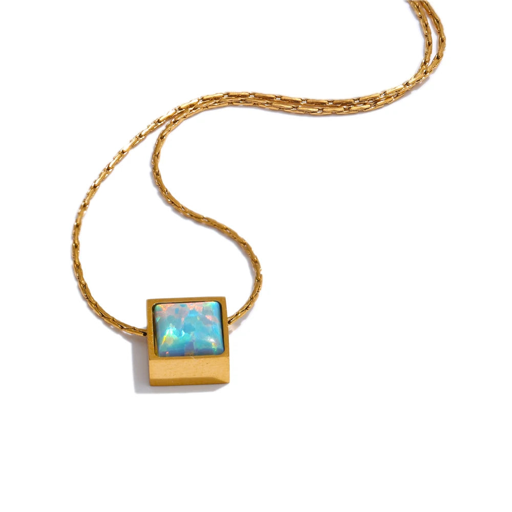 Ziora Square Natural Opal Stone Necklace