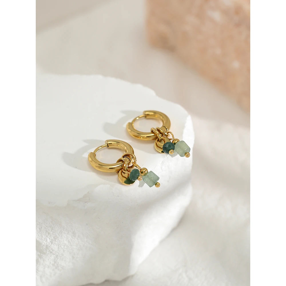 Ziora Vintage Green Natural Stone Hoop Earrings