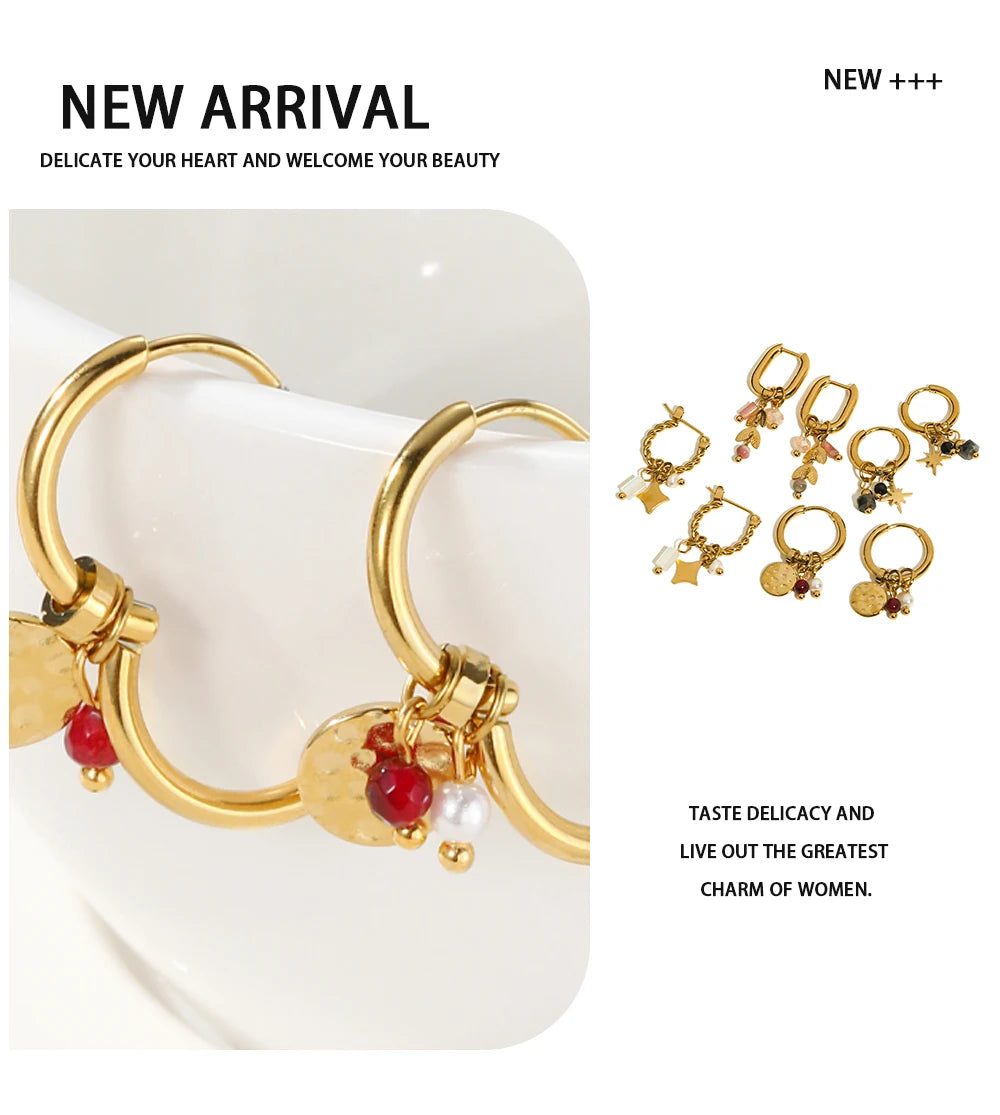 Ziora Pink Natural Stone Gold Plated Hoop Earrings