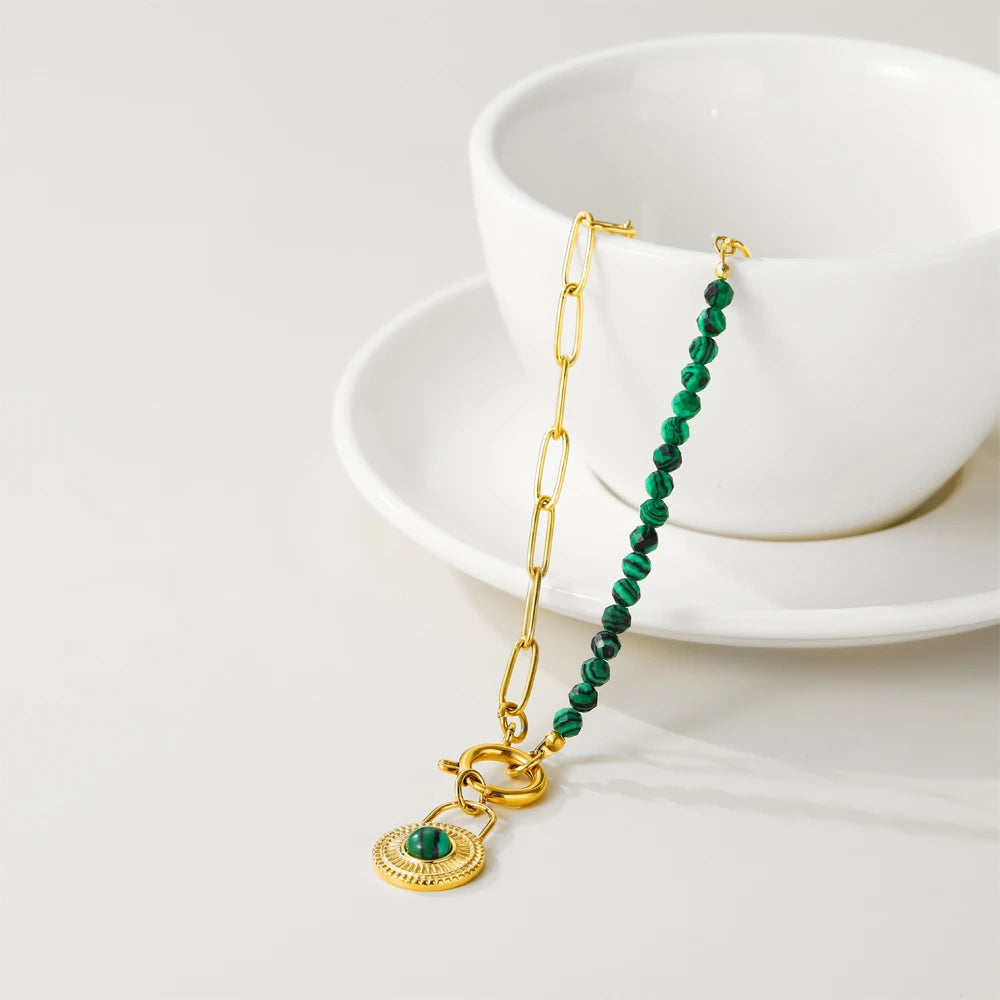Ziora Green Natural Stone Beads Chain Necklace