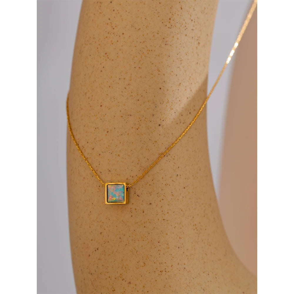 Ziora Square Natural Opal Stone Necklace