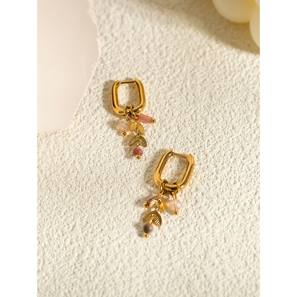 Ziora Pink Natural Stone Gold Plated Hoop Earrings
