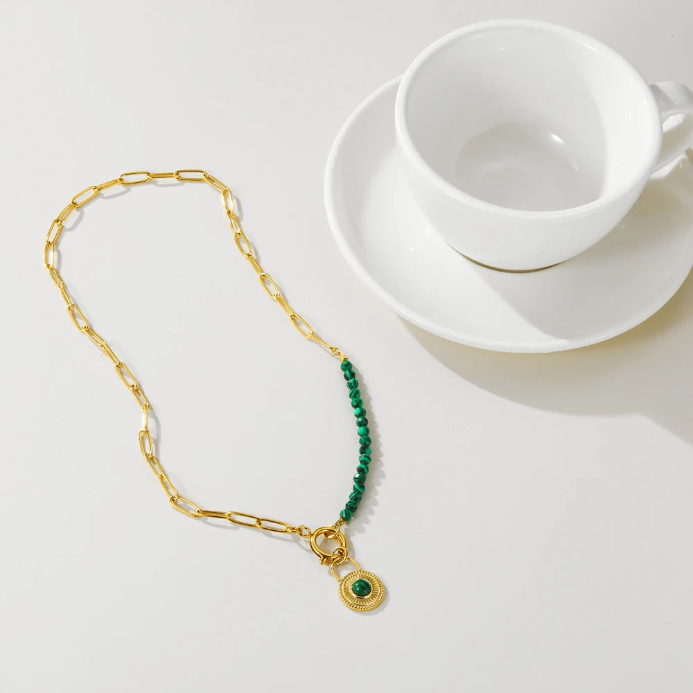 Ziora Green Natural Stone Beads Chain Necklace