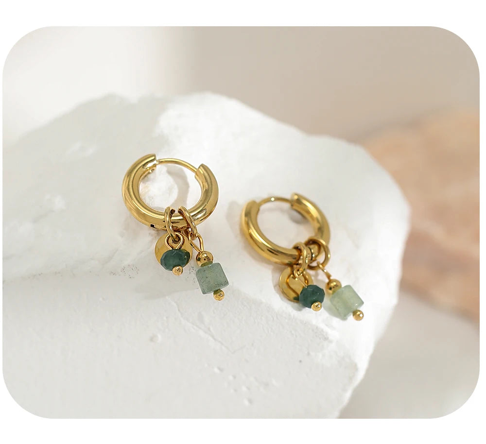 Ziora Vintage Green Natural Stone Hoop Earrings