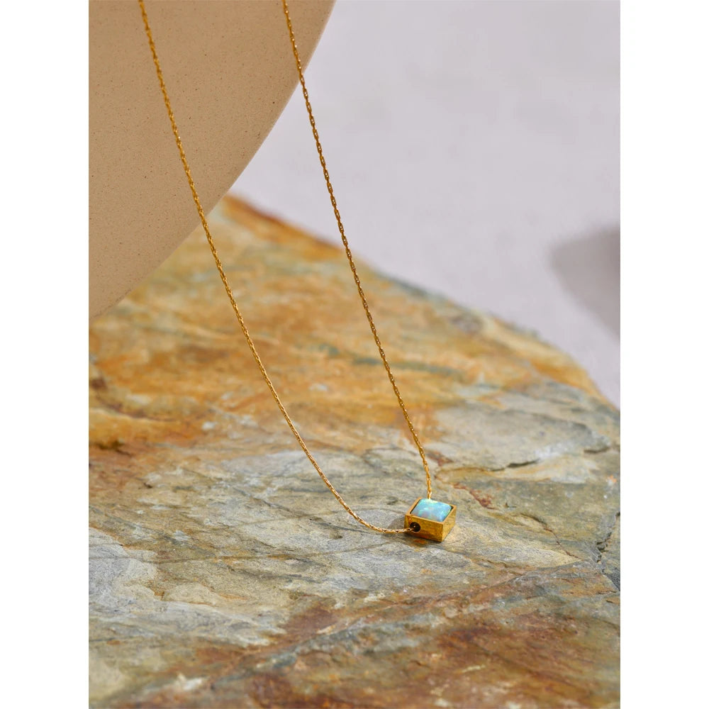 Ziora Square Natural Opal Stone Necklace