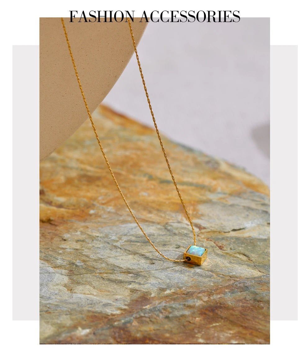 Ziora Square Natural Opal Stone Necklace